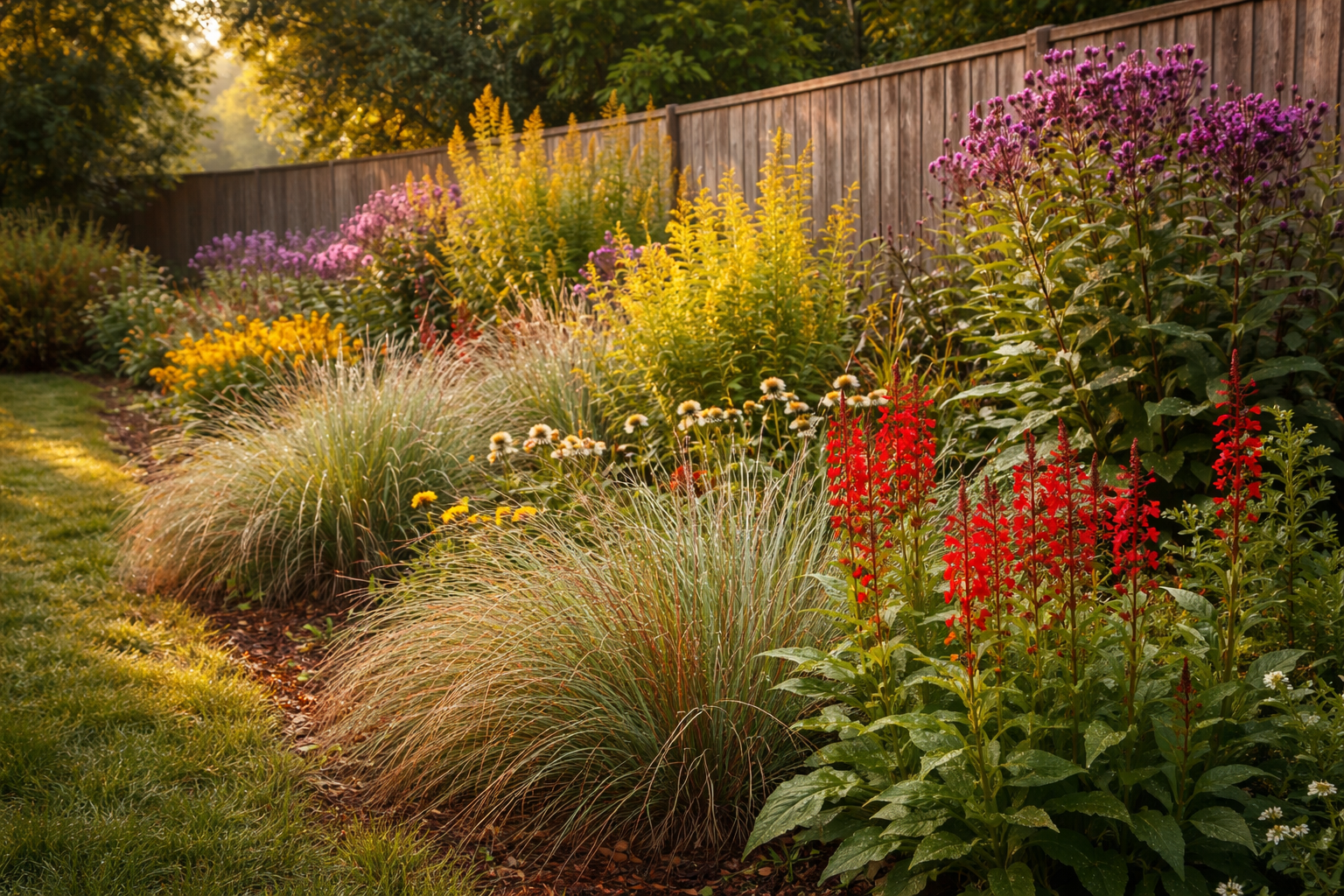 Native backyard border with goldenrod, cardinal flowers, ornamental grasses and ironweed along a wooden fence